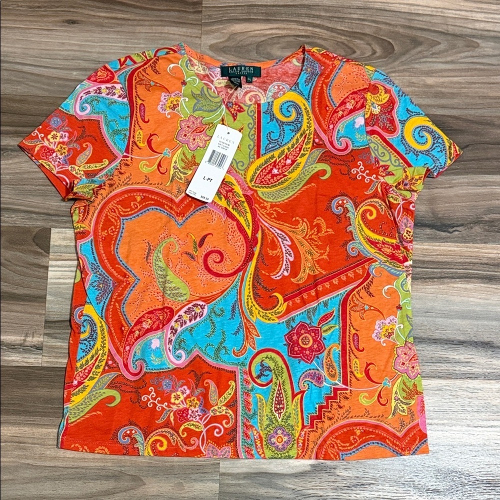 Lauren Ralph Lauren Multicolor Paisley S/S T-Shirt Women's Sz. PL Petite Cotton